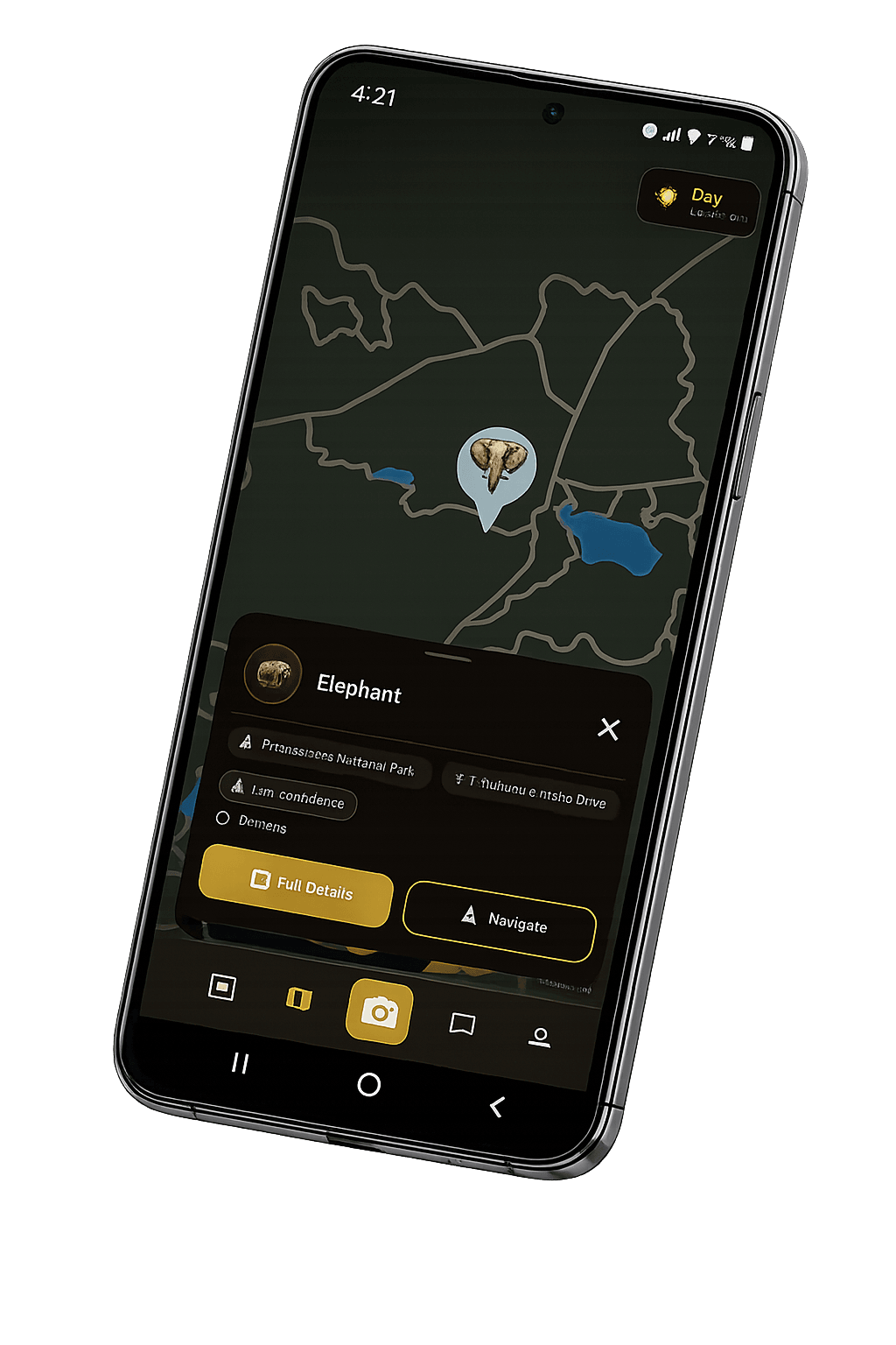 The opspoor app showing a live, verified elephant sighting on an interactive park map
